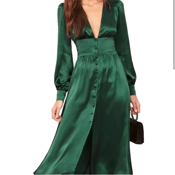 Reformation- NWT SZ 6 Nicola Green Silk Midi Dress Long Sleeves - Picture 4 of 6